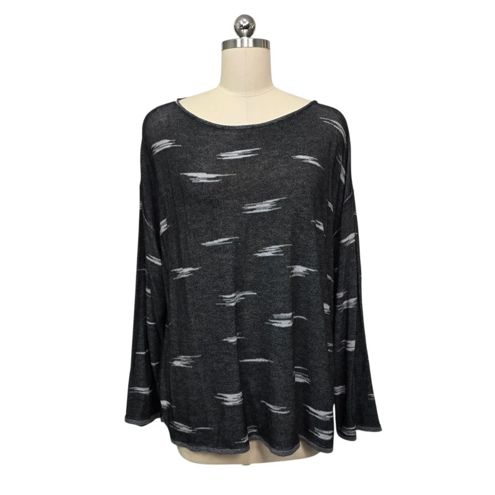 Eileen Fisher Long Sleeve Boat Neck Top Charcoal White Ikat Print Size‎ Large